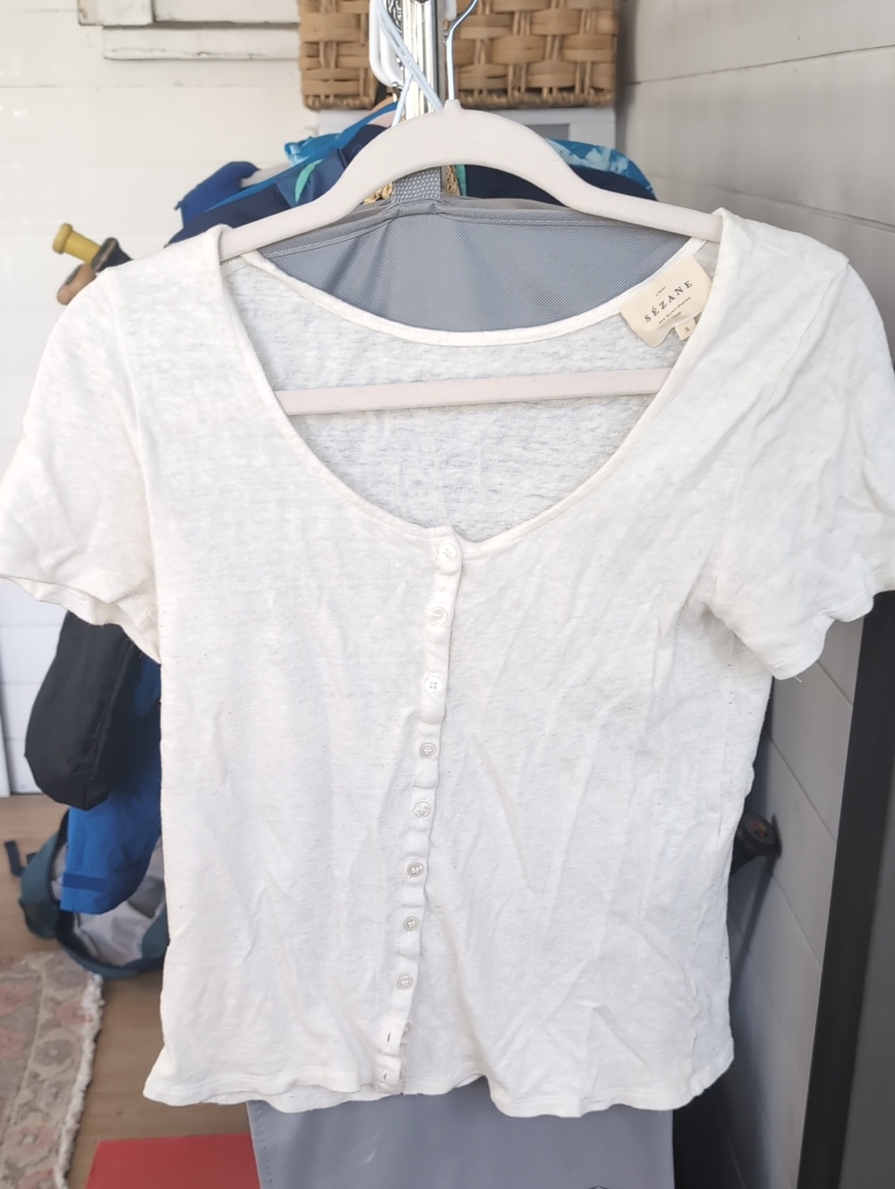 Sezane Cream Button-Front Short Sleeve Tee
